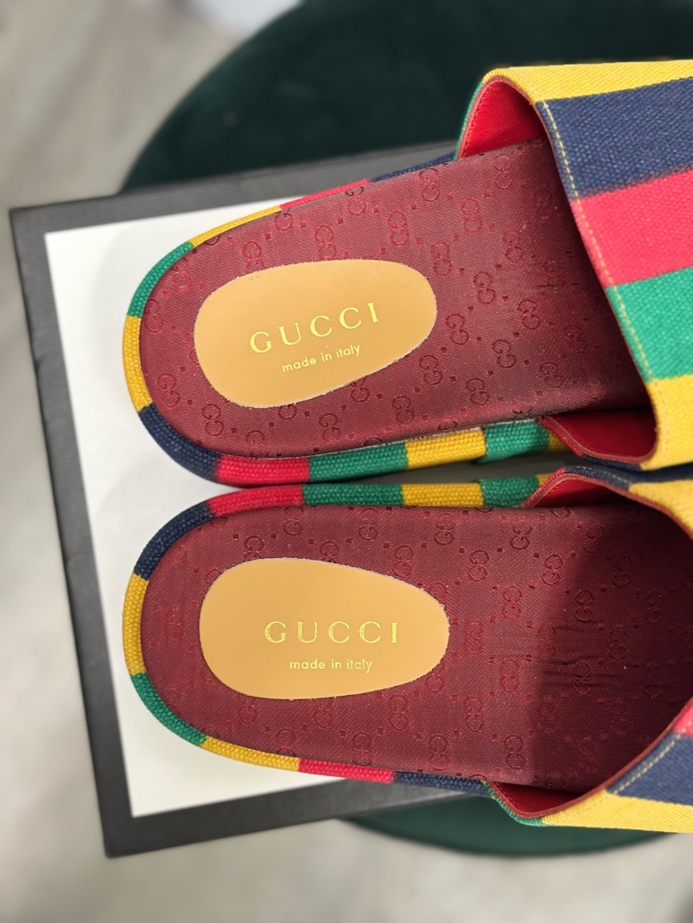 Gucci | Multicolor Striped Canvas Slides in Red, Yellow, Green, Navy - Picture 3 of 6